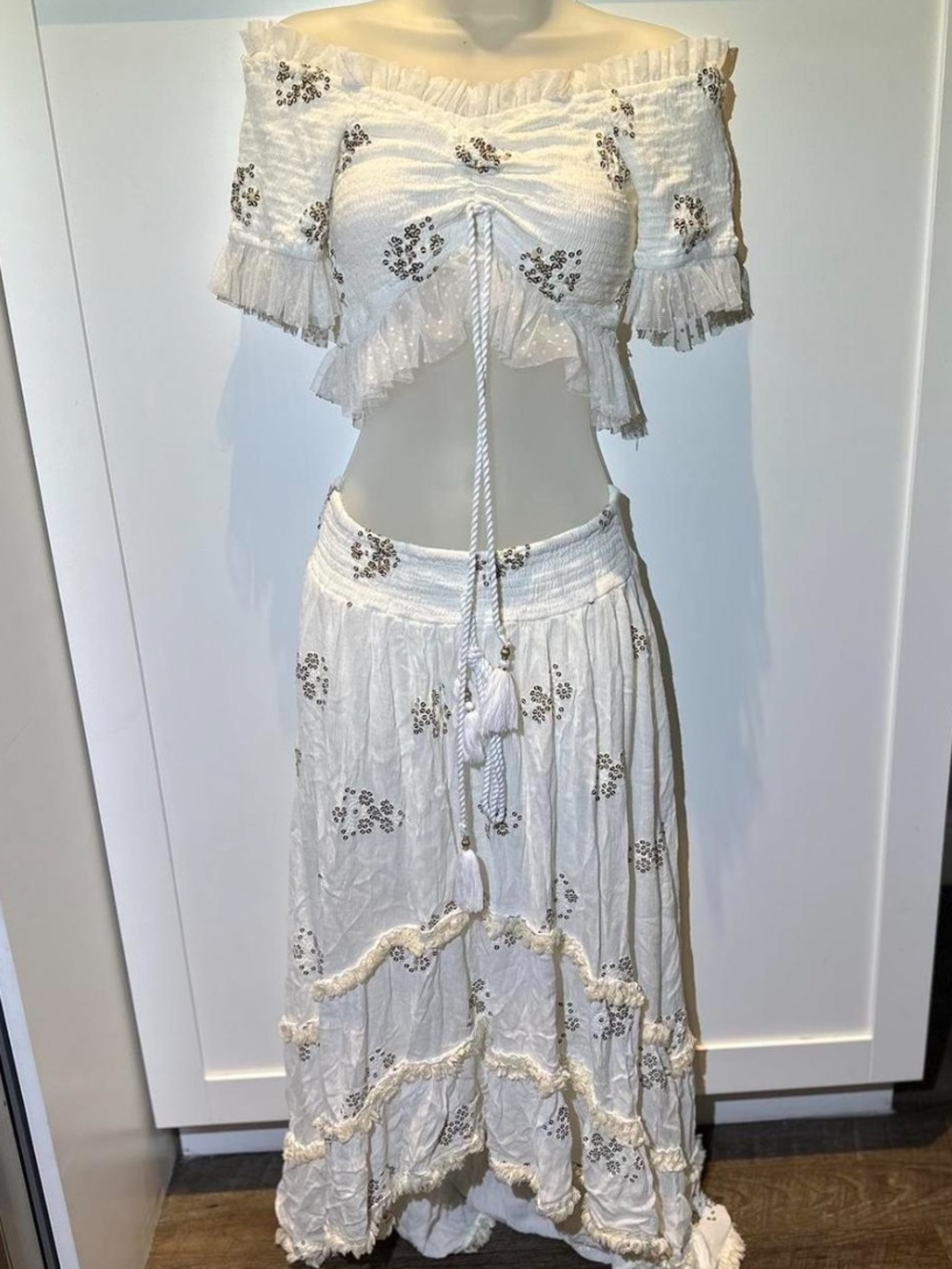 White Embroidered Two-Piece Boho Crop Top & Maxi Skirt Set